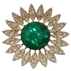 Vintage Sarah Coventry Brooch Sunflower Green Glass Stone Clear Rhinestones Pin